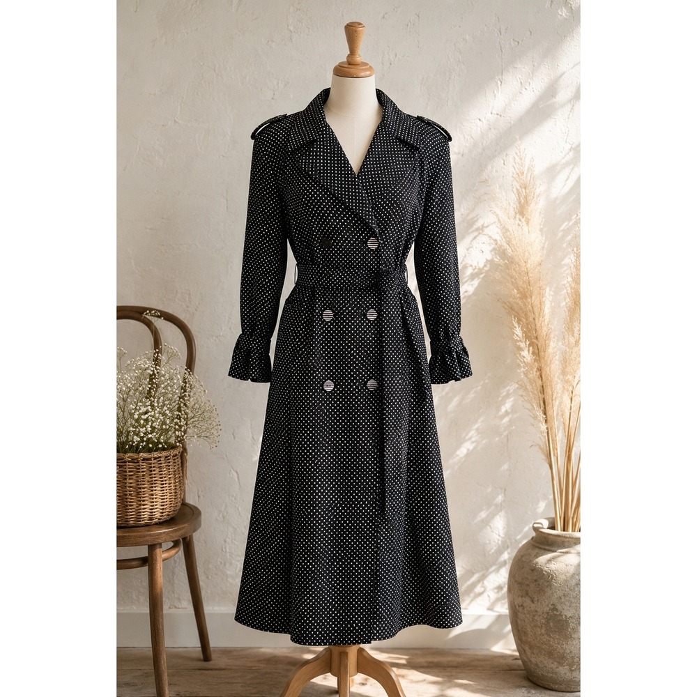Vintage 80s Polka Dot Trench Coat Belted Made in Canada Le Amiche Size 8